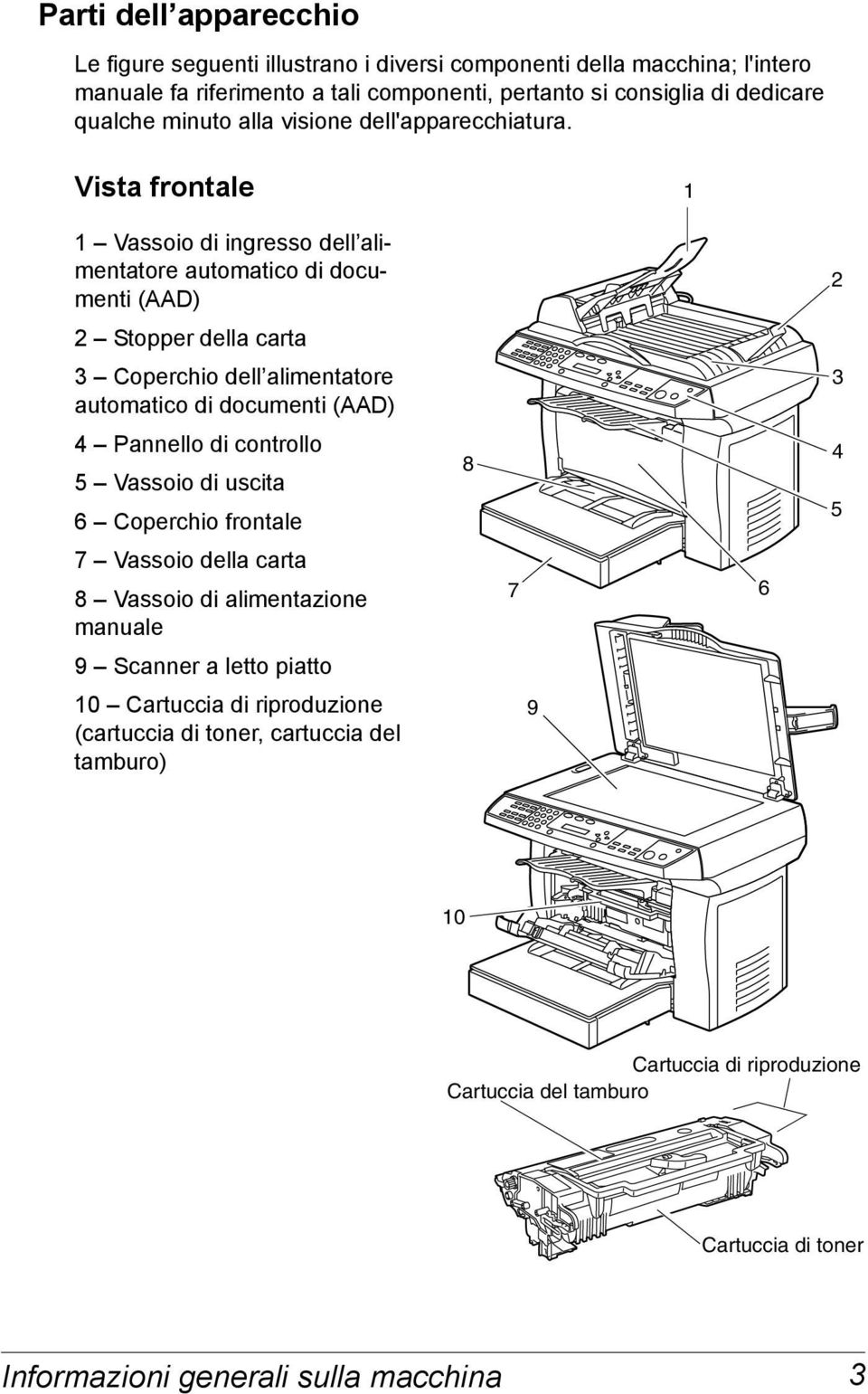 Vista frontale 1 1 Vassoio di ingresso dell alimentatore automatico di documenti (AAD) 2 Stopper della carta 3 Coperchio dell alimentatore automatico di documenti (AAD) 4 Pannello di