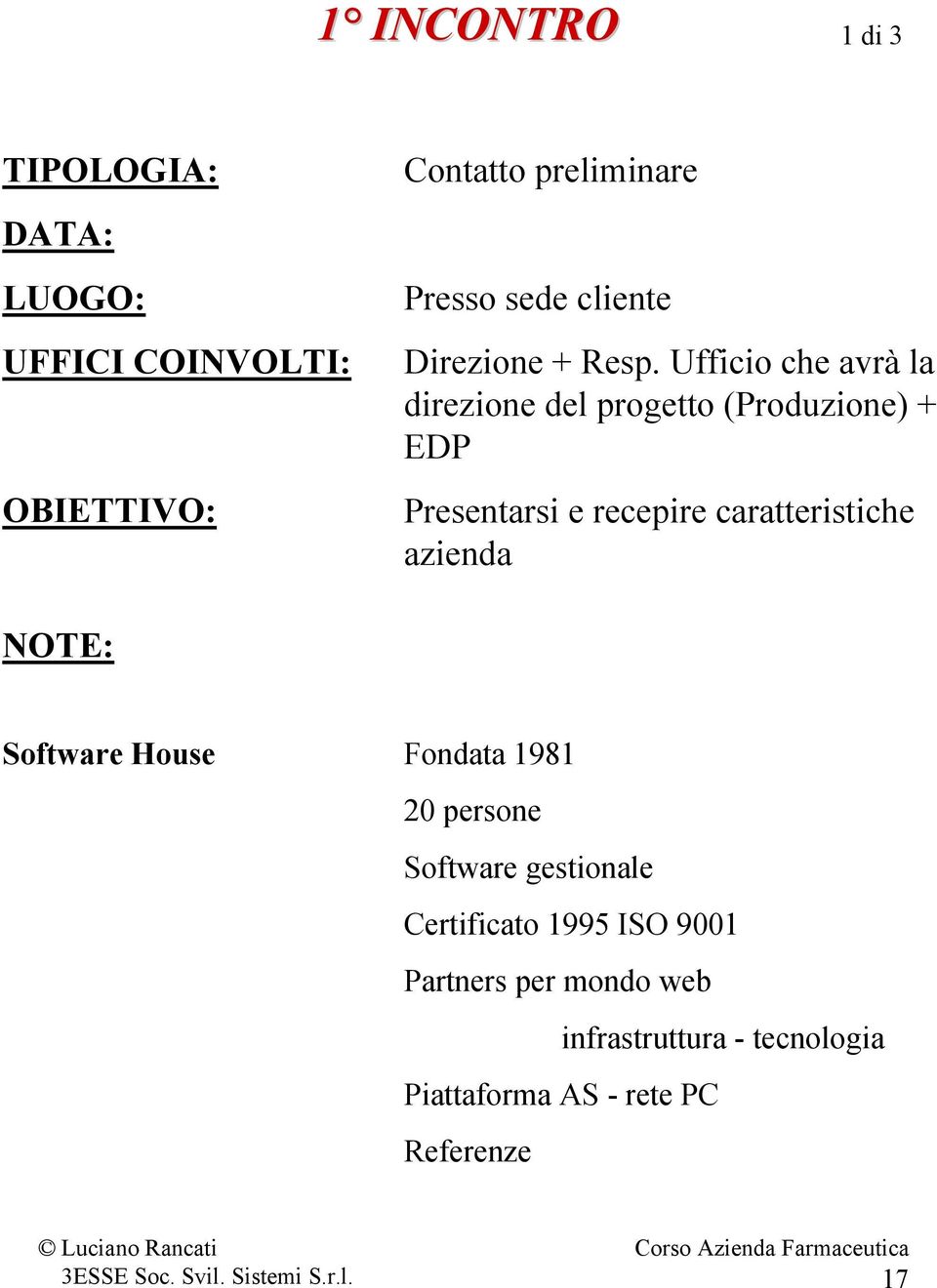 Ufficio che avrà la direzione del progetto (Produzione) + EDP Presentarsi e recepire caratteristiche