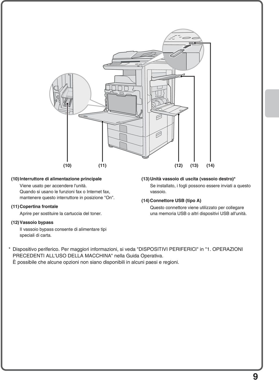 (13) Unità vassoio di uscita (vassoio destro)* Se installato, i fogli possono essere inviati a questo vassoio.
