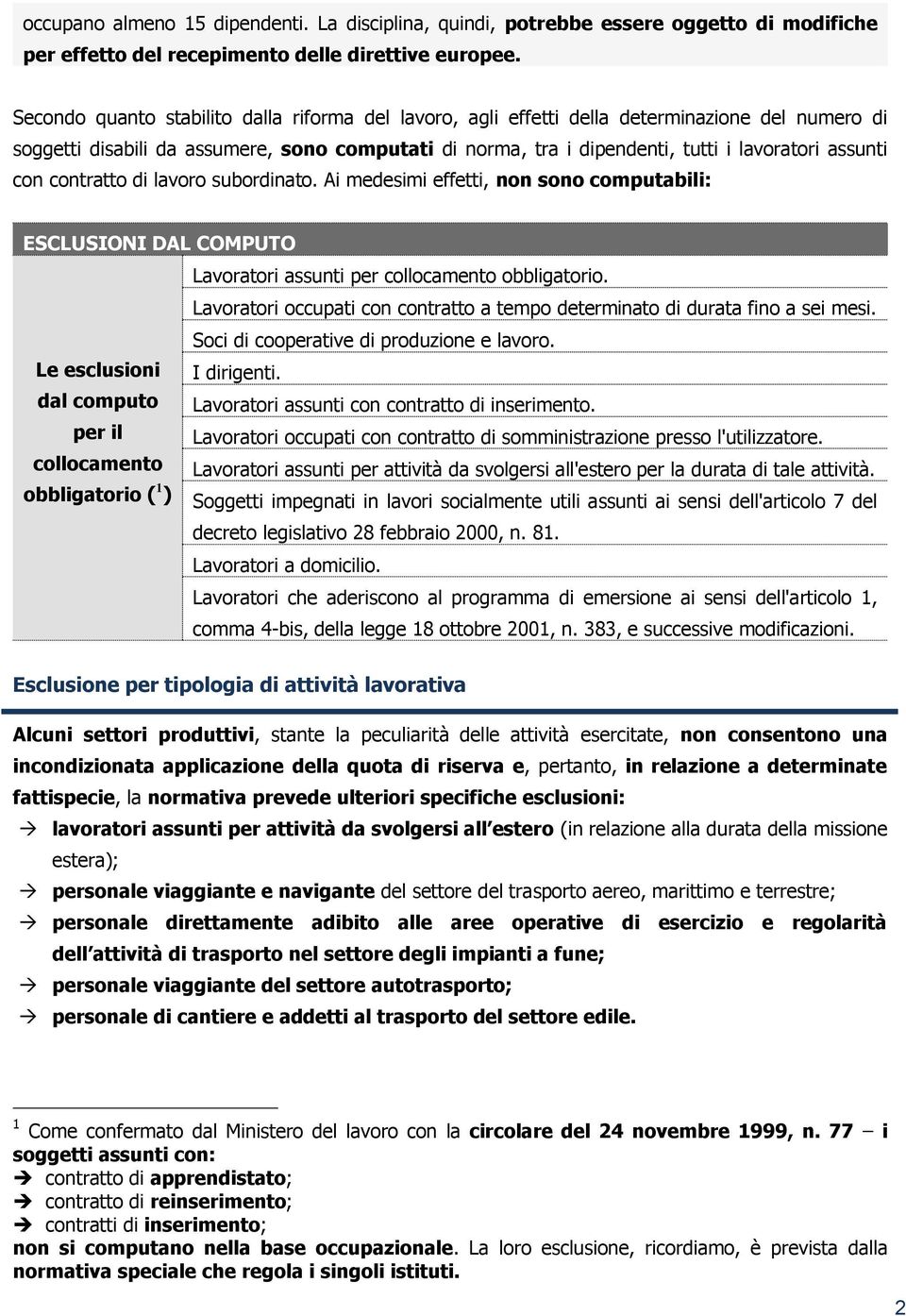 con contratto di lavoro subordinato. Ai medesimi effetti, non sono computabili: ESCLUSIONI DAL COMPUTO Lavoratori assunti per collocamento obbligatorio.