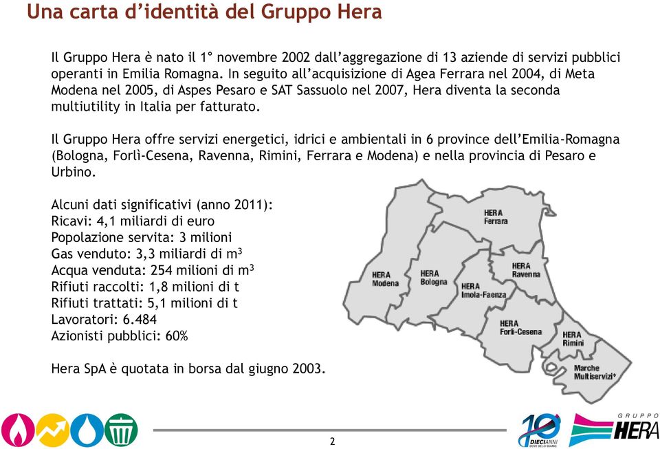 Il Gruppo Hera offre servizi energetici, idrici e ambientali in 6 province dell Emilia-Romagna (Bologna, Forlì-Cesena, Ravenna, Rimini, Ferrara e Modena) e nella provincia di Pesaro e Urbino.