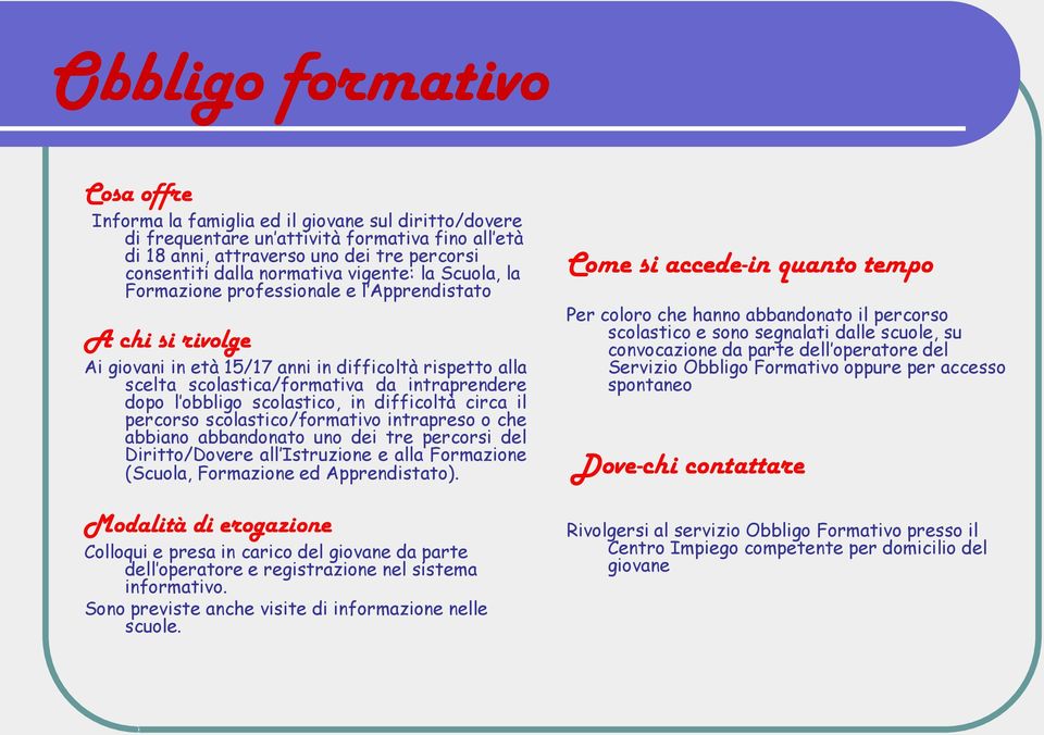 l obbligo scolastico, in difficoltà circa il percorso scolastico/formativo intrapreso o che abbiano abbandonato uno dei tre percorsi del Diritto/Dovere all Istruzione e alla Formazione (Scuola,