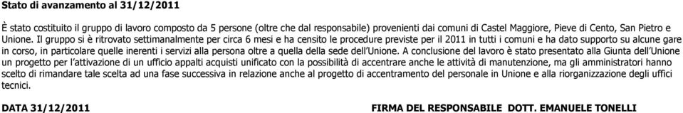 Il gruppo si è ritrovato settimanalmente per circa 6 mesi e ha censito le procedure previste per il 2011 in tutti i comuni e ha dato supporto su alcune gare in corso, in particolare quelle inerenti i