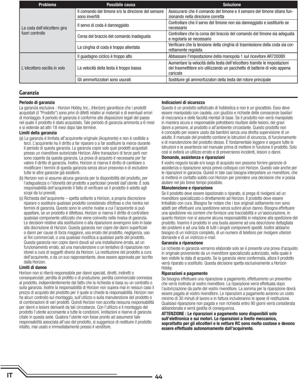 braccio del comando del timone sia adeguata Corsa del braccio del comando inadeguata e regolarla se necessario La cinghia di coda è troppo allentata Verifi care che la tensione della cinghia di