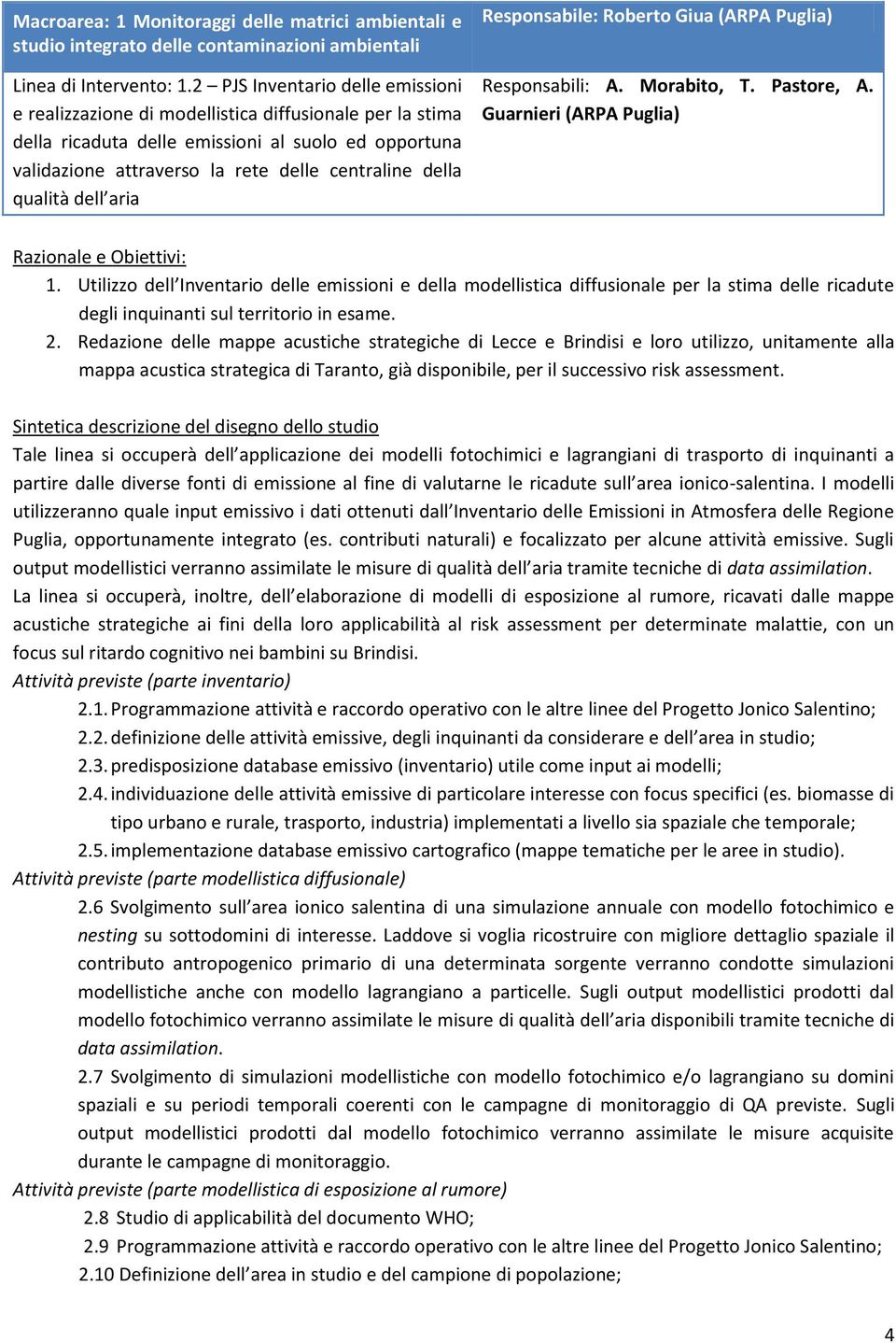 qualità dell aria Responsabile: Roberto Giua (ARPA Puglia) Responsabili: A. Morabito, T. Pastore, A. Guarnieri (ARPA Puglia) Razionale e Obiettivi:.