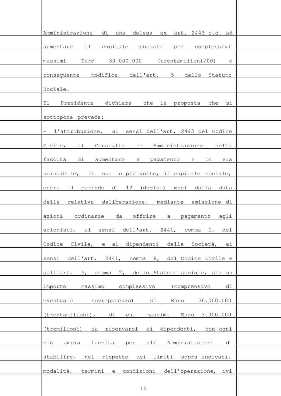 2443 del Codice Civile, al Consiglio di Amministrazione della facoltà di aumentare a pagamento e in via scindibile, in una o più volte, il capitale sociale, entro il periodo di 12 (dodici) mesi dalla