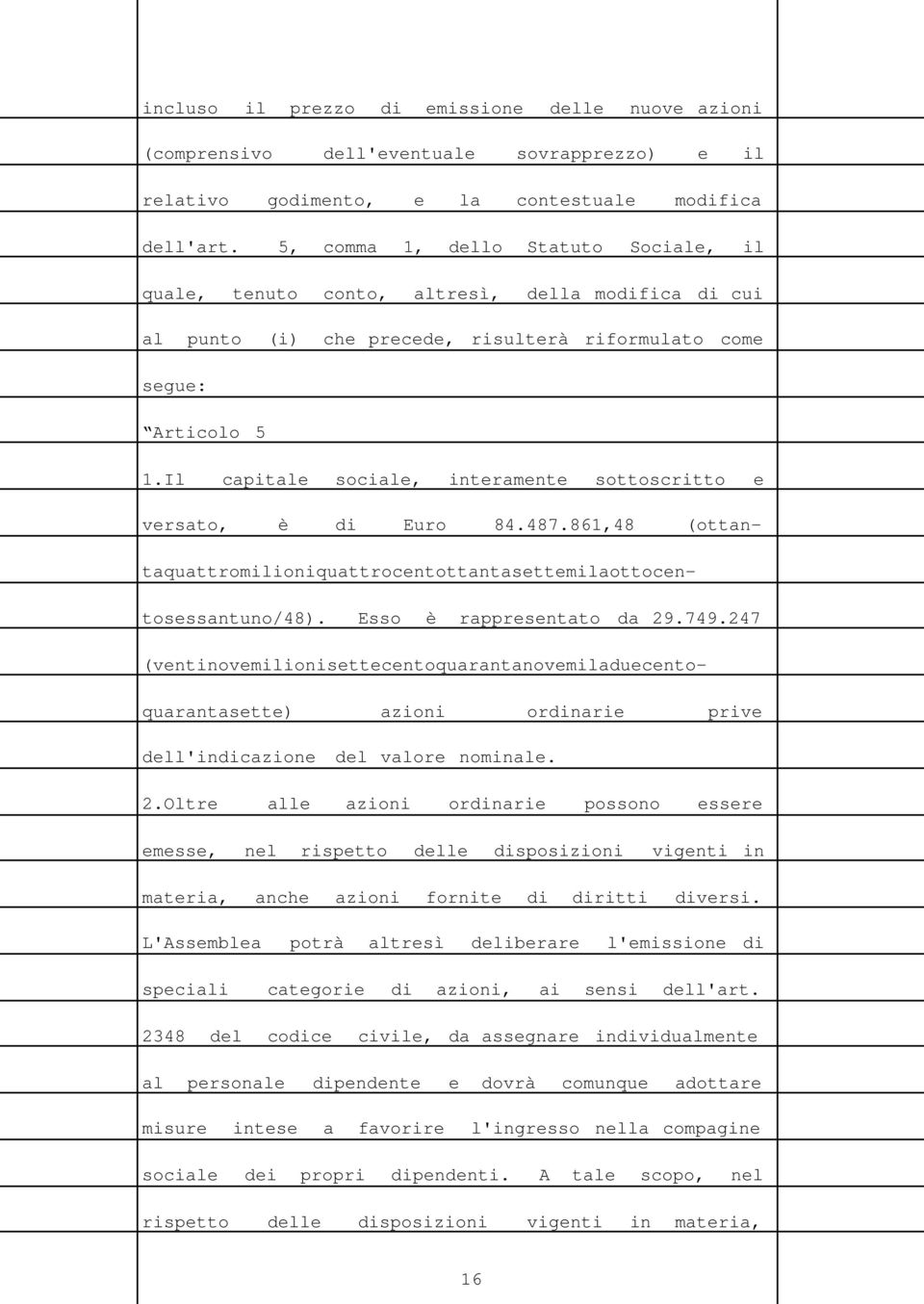 Il capitale sociale, interamente sottoscritto e versato, è di Euro 84.487.861,48 (ottantaquattromilioniquattrocentottantasettemilaottocentosessantuno/48). Esso è rappresentato da 29.749.
