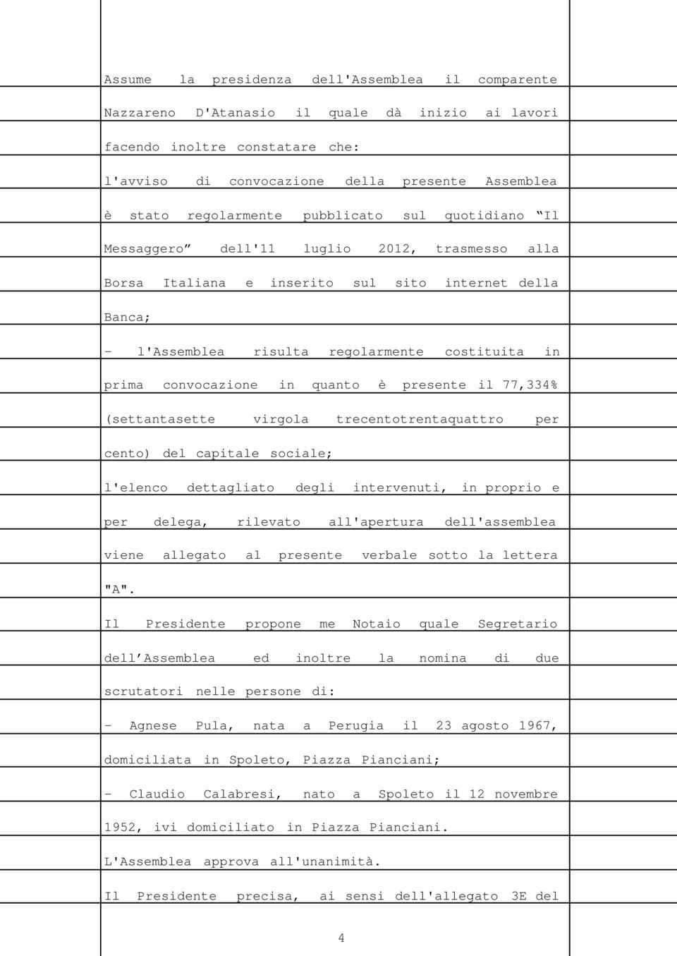 prima convocazione in quanto è presente il 77,334% (settantasette virgola trecentotrentaquattro per cento) del capitale sociale; l'elenco dettagliato degli intervenuti, in proprio e per delega,