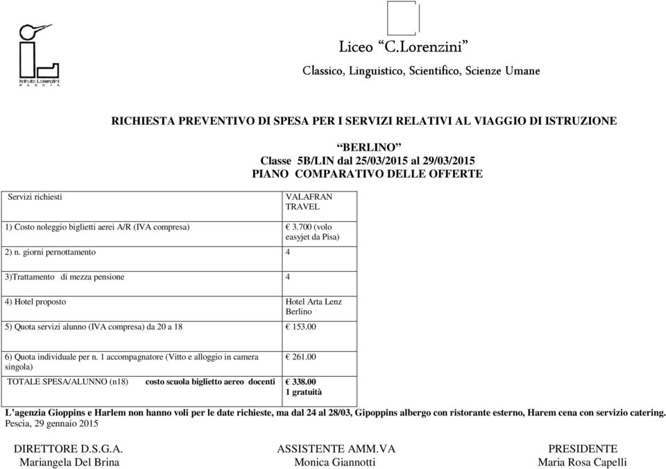 giorni pernottamento 4 3)Trattamento di mezza pensione 4 4) Hotel proposto Hotel Arta Lenz Berlino 5) Quota servizi alunno (IVA compresa) da 20 a 18 153.