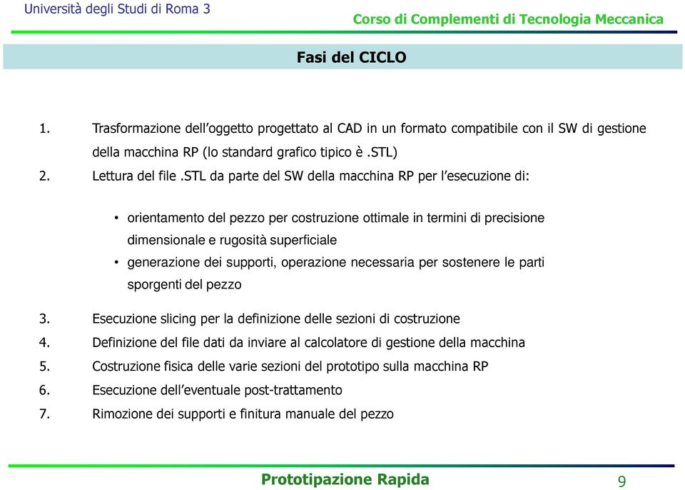 supporti, operazione necessaria per sostenere le parti sporgenti del pezzo 3. Esecuzione slicing per la definizione delle sezioni di costruzione 4.