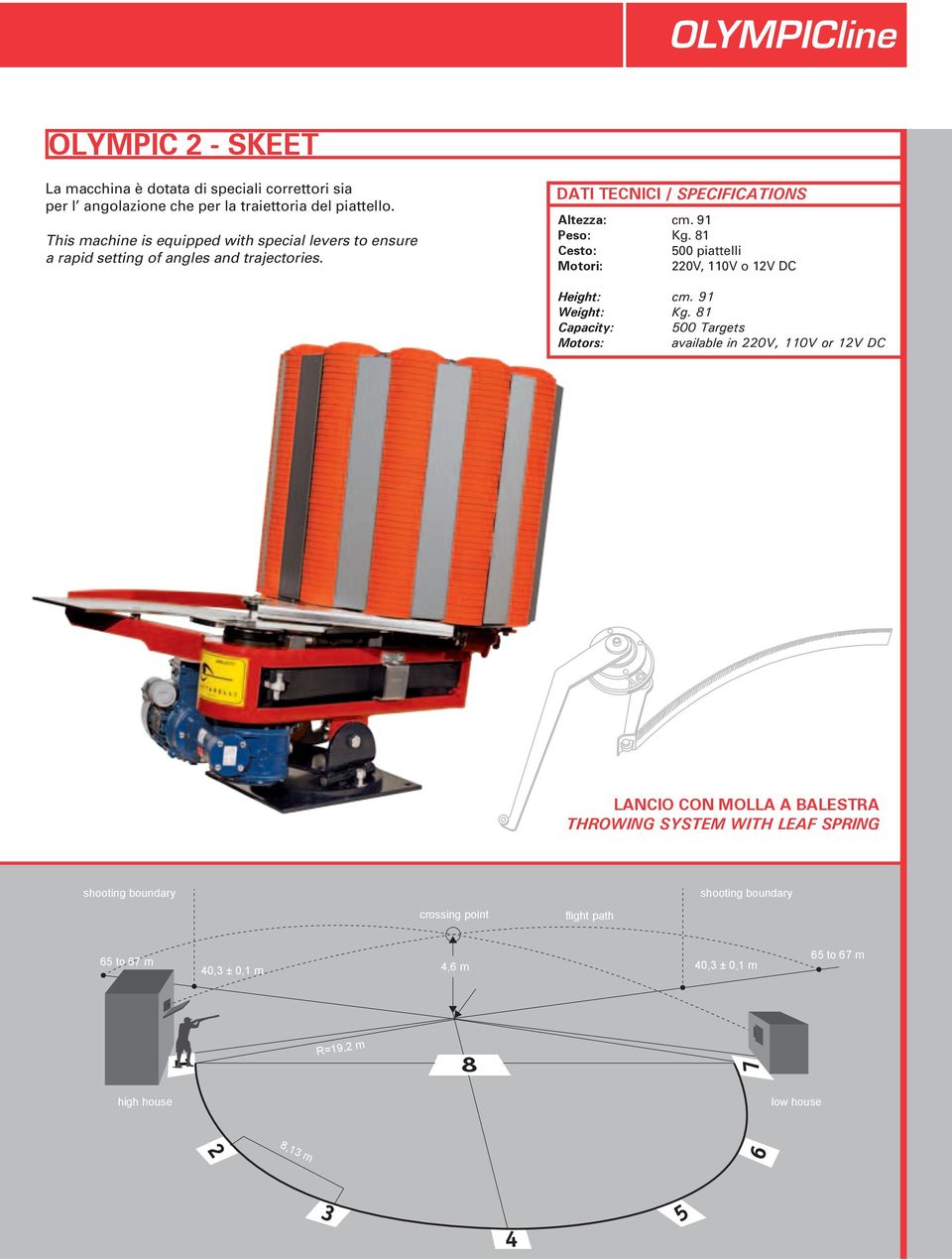 81 Cesto: 500 piattelli Motori: 220V, 110V o 12V DC Height: cm. 91 Weight: Kg.