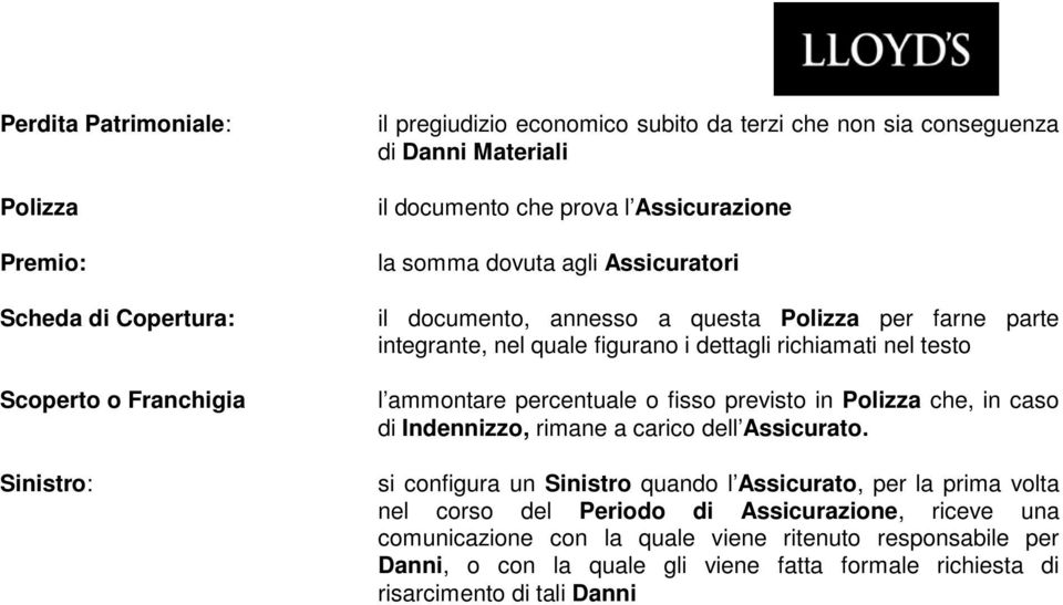 testo l ammontare percentuale o fisso previsto in Polizza che, in caso di Indennizzo, rimane a carico dell Assicurato.