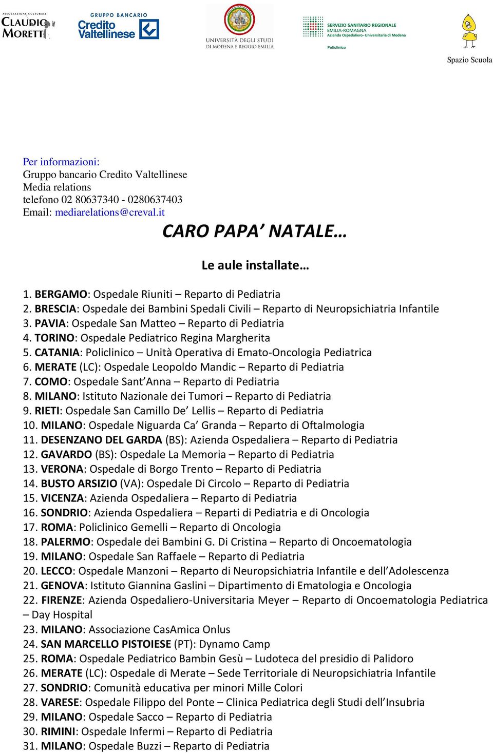 TORINO: Ospedale Pediatrico Regina Margherita 5. CATANIA: Policlinico Unità Operativa di Emato-Oncologia Pediatrica 6. MERATE (LC): Ospedale Leopoldo Mandic Reparto di Pediatria 7.