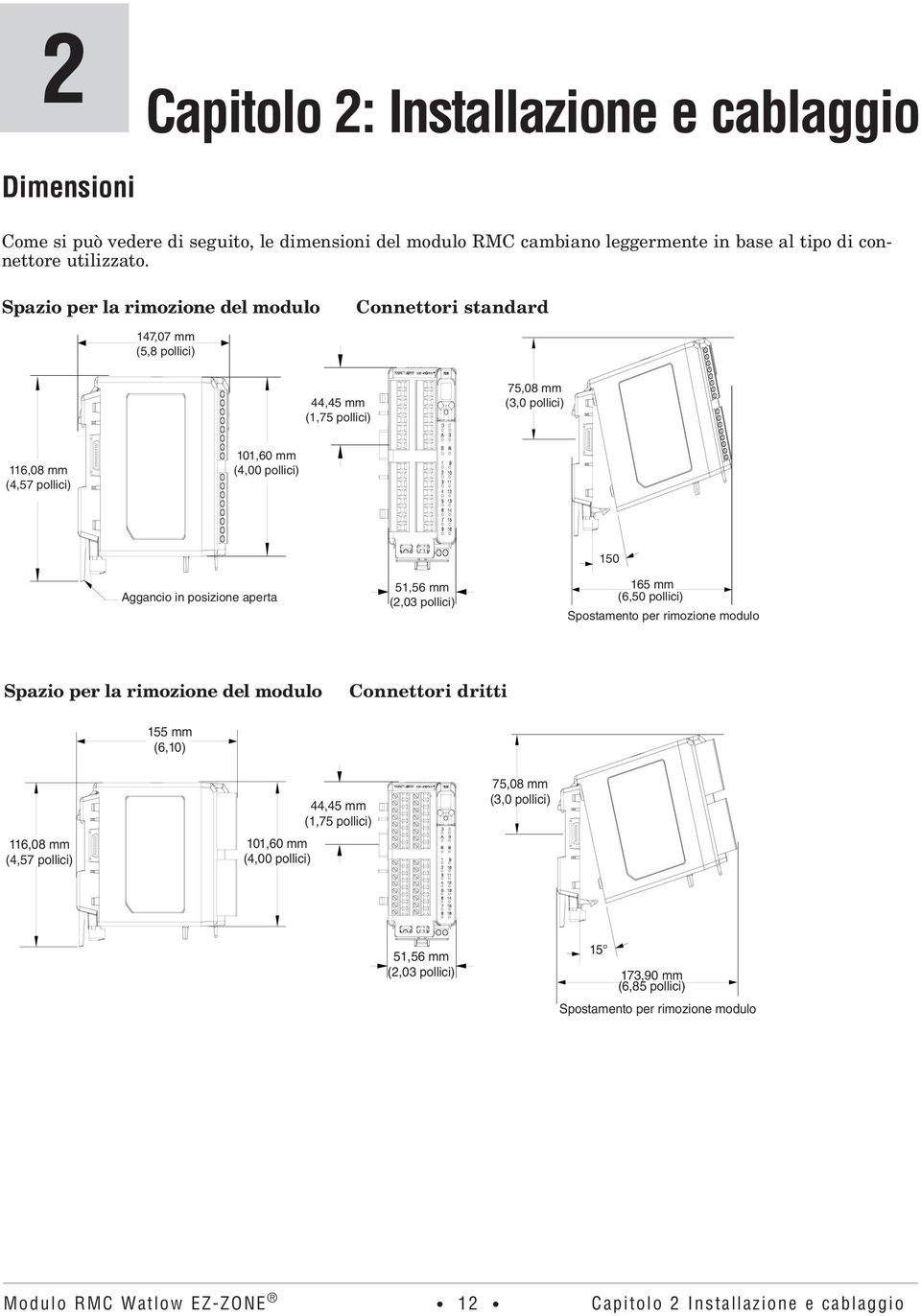 posizione aperta 5,56 mm (2,03 pollici) 50 65 mm (6,50 pollici) Spostamento per rimozione modulo Spazio per la rimozione del modulo Connettori dritti 55 mm (6,0) 6,08 mm (4,57 pollici)