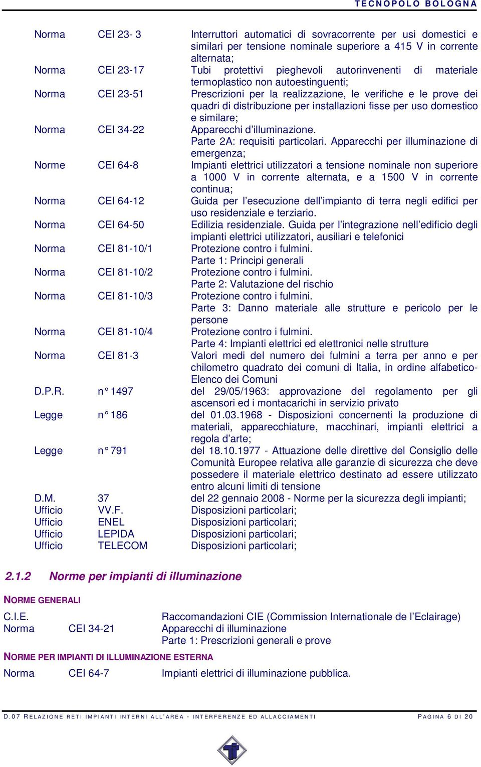 domestico e similare; Norma CEI 34-22 Apparecchi d illuminazione. Parte 2A: requisiti particolari.