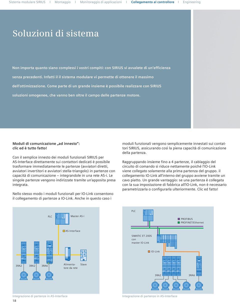 Come parte di un grande insieme è possibile realizzare con SIRIUS soluzioni omogenee, che vanno ben oltre il campo delle partenze motore. Moduli di comunicazione ad innesto : clic ed è tutto fatto!