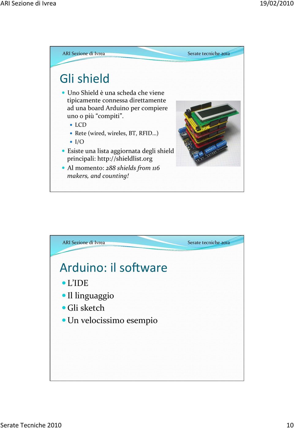 LCD Rete (wired, wireles, BT, RFID ) I/O Esiste una lista aggiornata degli shield principali: