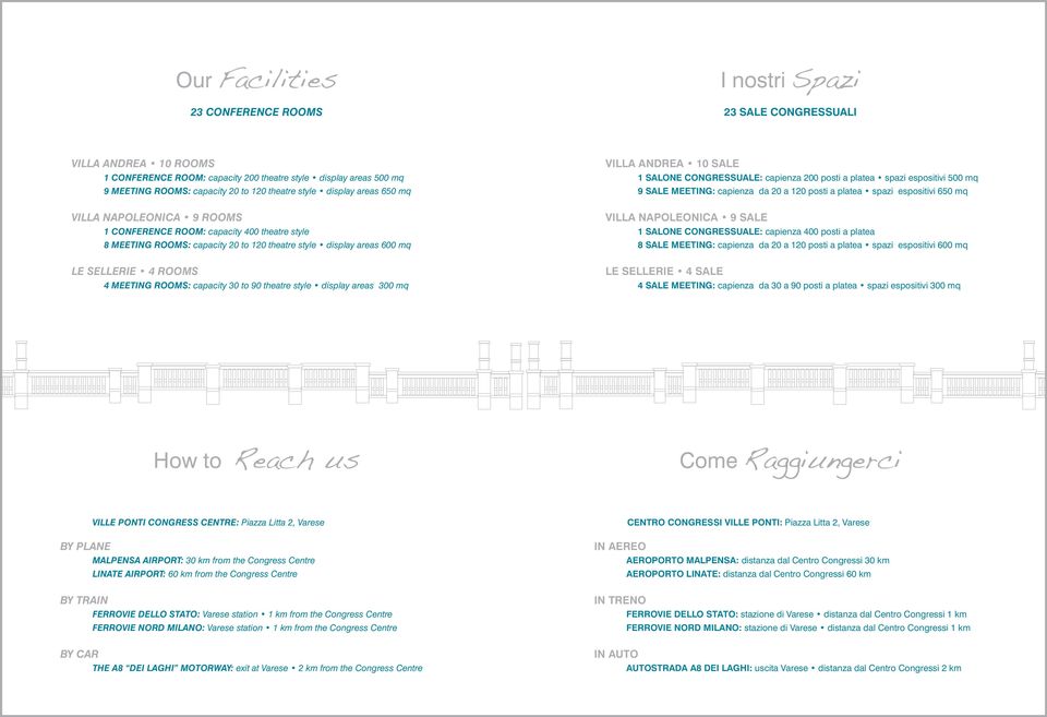 MEETING ROOMS: capacity 30 to 90 theatre style display areas 300 mq VILLA ANDREA 10 SALE 1 SALONE CONGRESSUALE: capienza 200 posti a platea spazi espositivi 500 mq 9 SALE MEETING: capienza da 20 a