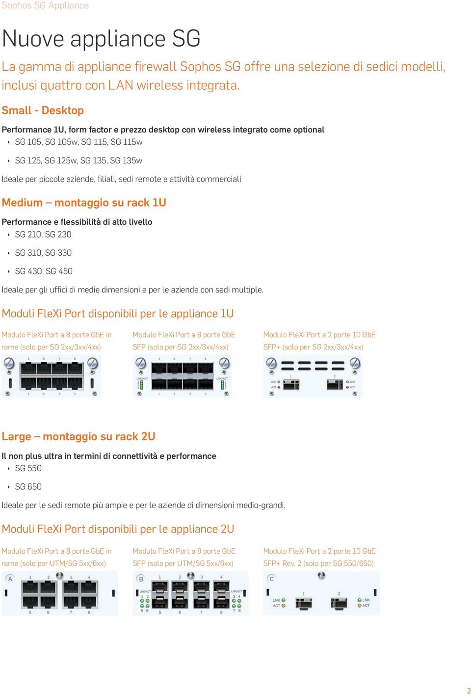 filiali, sedi remote e attività commerciali Medium montaggio su rack 1U Performance e flessibilità di alto livello SG 210, SG 230 SG 310, SG 330 SG 430, SG 450 Ideale per gli uffici di medie