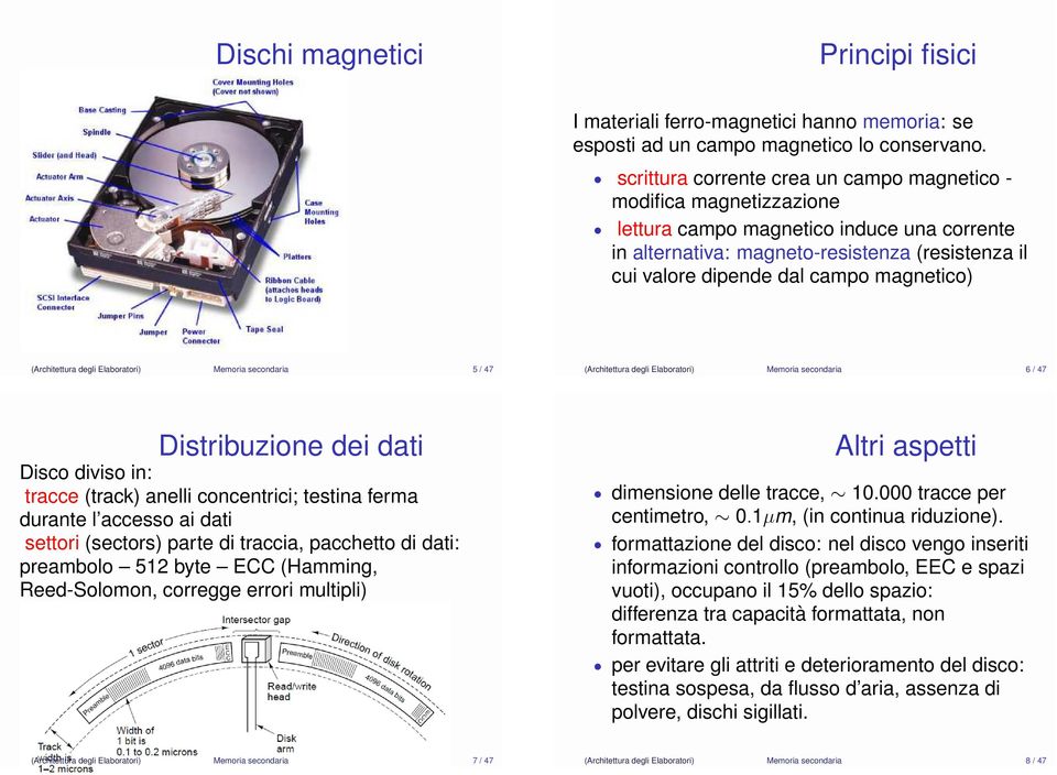 magnetico) (Architettura degli Elaboratori) Memoria secondaria 5 / 47 (Architettura degli Elaboratori) Memoria secondaria 6 / 47 Distribuzione dei dati Disco diviso in: tracce (track) anelli