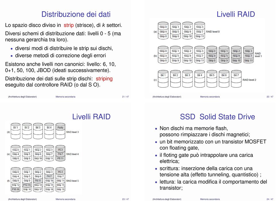 Distribuzione dei dati sulle strip dischi: striping eseguito dal controllore RAID (o dal S O).