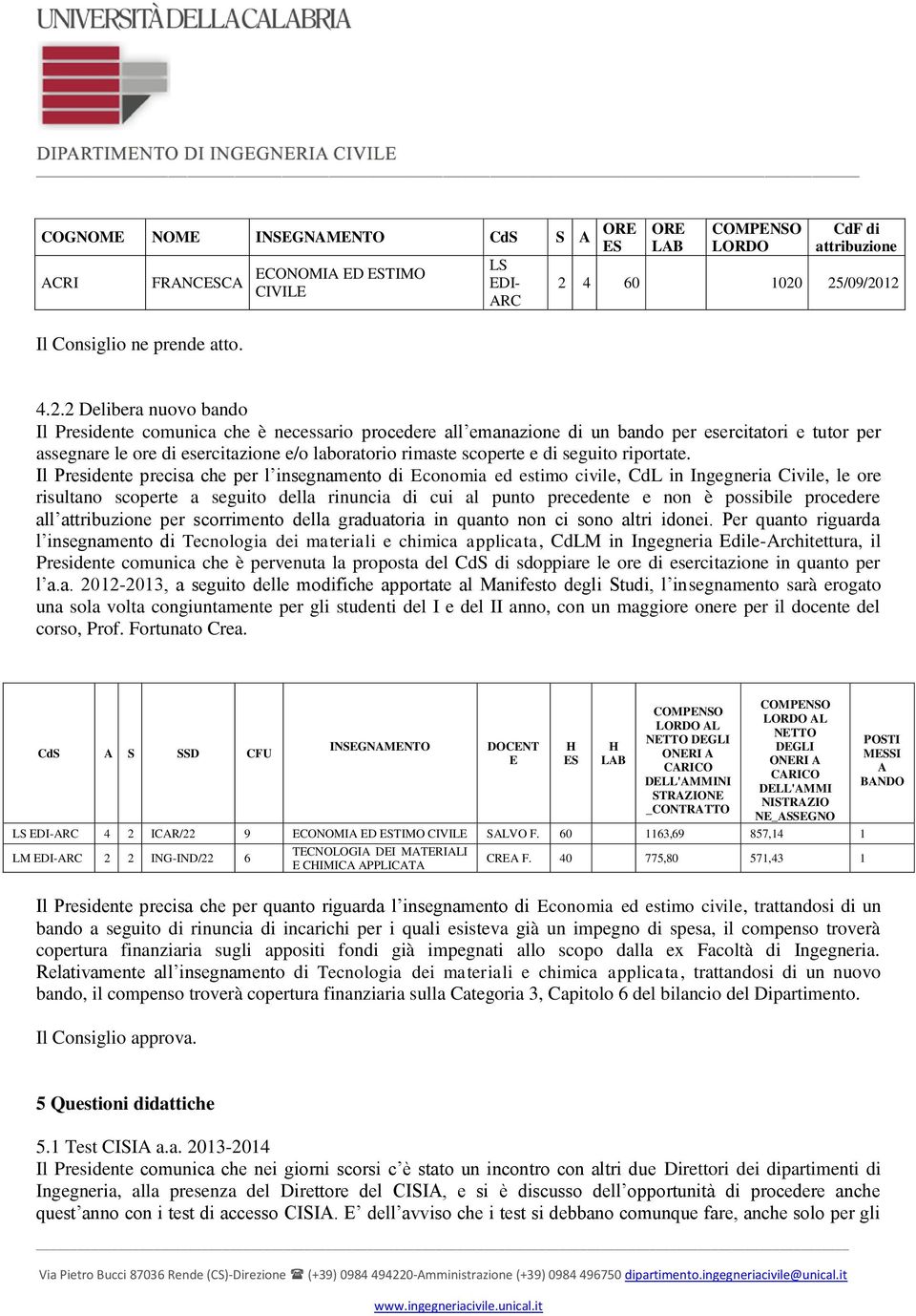 25/09/2012 4.2.2 Delibera nuovo bando Il Presidente comunica che è necessario procedere all emanazione di un bando per esercitatori e tutor per assegnare le ore di esercitazione e/o laboratorio