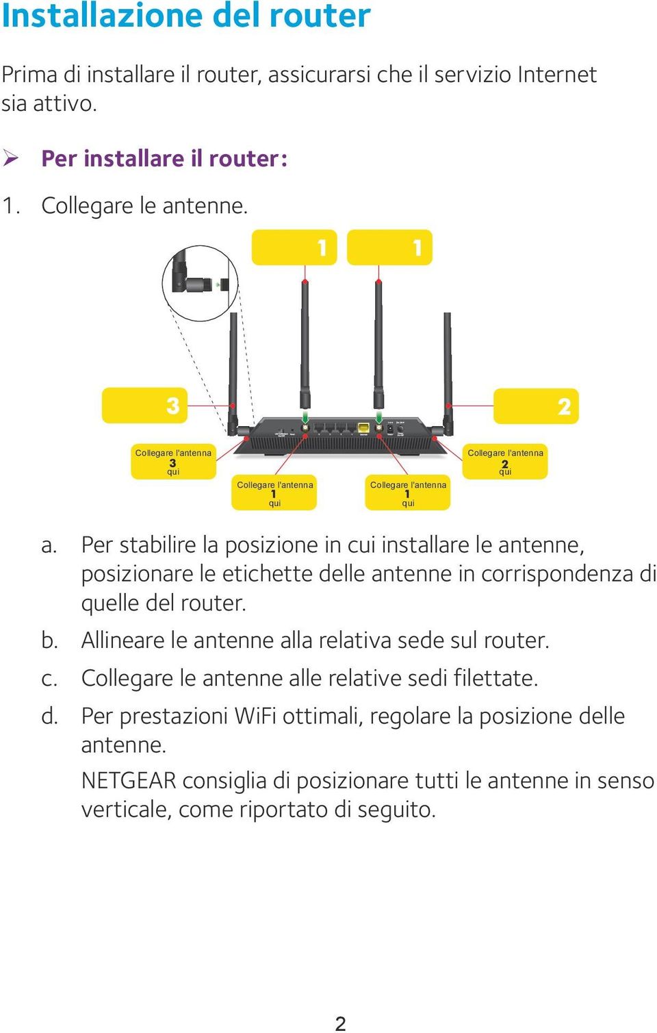 Per stabilire la posizione in cui installare le antenne, posizionare le etichette delle antenne in corrispondenza di quelle del router. b.