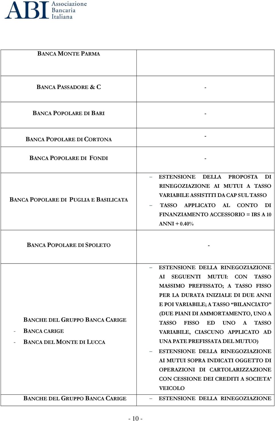 40% BANCA POPOLARE DI SPOLETO ESTENSIONE DELLA RINEGOZIAZIONE AI SEGUENTI MUTUI: CON TASSO MASSIMO PREFISSATO; A TASSO FISSO PER LA DURATA INIZIALE DI DUE ANNI E POI VARIABILE; A TASSO BILANCIATO