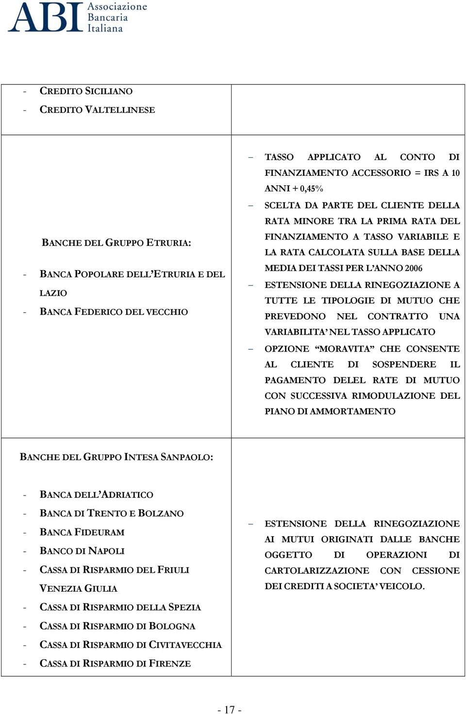 CONTRATTO UNA VARIABILITA NEL TASSO APPLICATO OPZIONE MORAVITA CHE CONSENTE AL CLIENTE DI SOSPENDERE IL PAGAMENTO DELEL RATE DI MUTUO CON SUCCESSIVA RIMODULAZIONE DEL PIANO DI AMMORTAMENTO BANCHE DEL