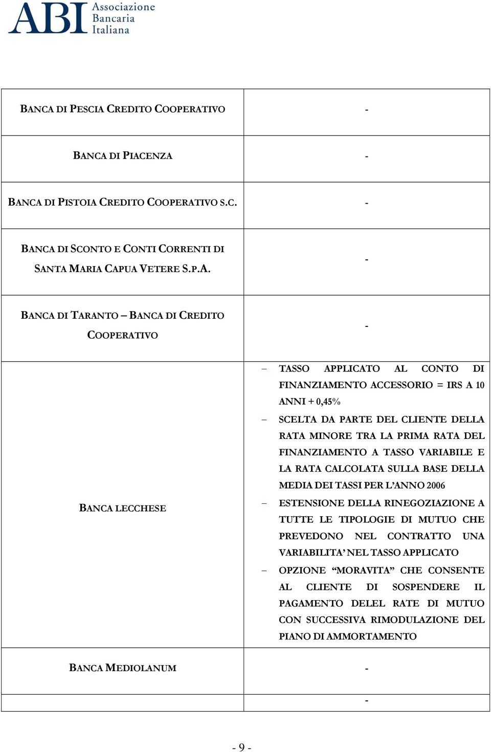 RATA CALCOLATA SULLA BASE DELLA MEDIA DEI TASSI PER L ANNO 2006 ESTENSIONE DELLA RINEGOZIAZIONE A TUTTE LE TIPOLOGIE DI MUTUO CHE PREVEDONO NEL CONTRATTO UNA VARIABILITA NEL