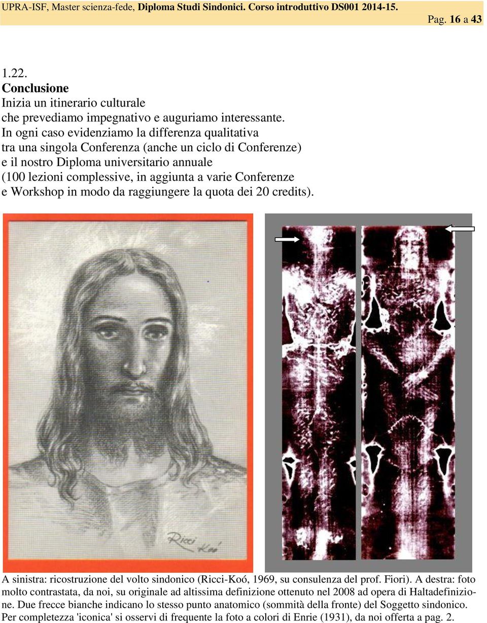 Conferenze e Workshop in modo da raggiungere la quota dei 20 credits). A sinistra: ricostruzione del volto sindonico (Ricci-Koó, 1969, su consulenza del prof. Fiori).