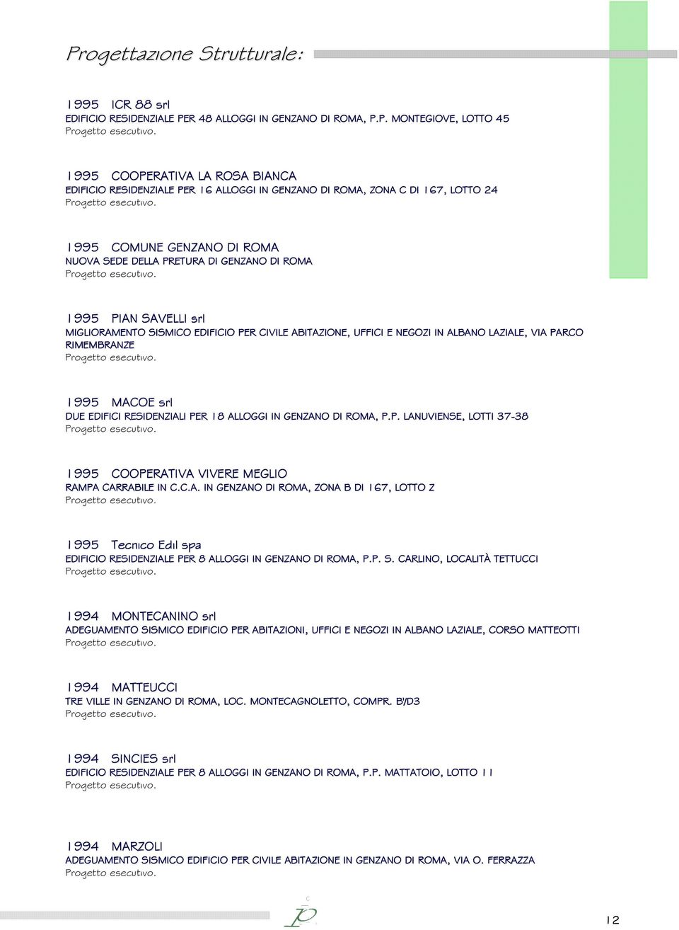 NEGOZI IN ALBANO LAZIALE, VIA PARCO RIMEMBRANZE 1995 MACOE srl DUE EDIFICI RESIDENZIALI PER 18 ALLOGGI IN GENZANO DI ROMA, P.P. LANUVIENSE, LOTTI 37-38 1995 COOPERATIVA VIVERE MEGLIO RAMPA CARRABILE IN C.