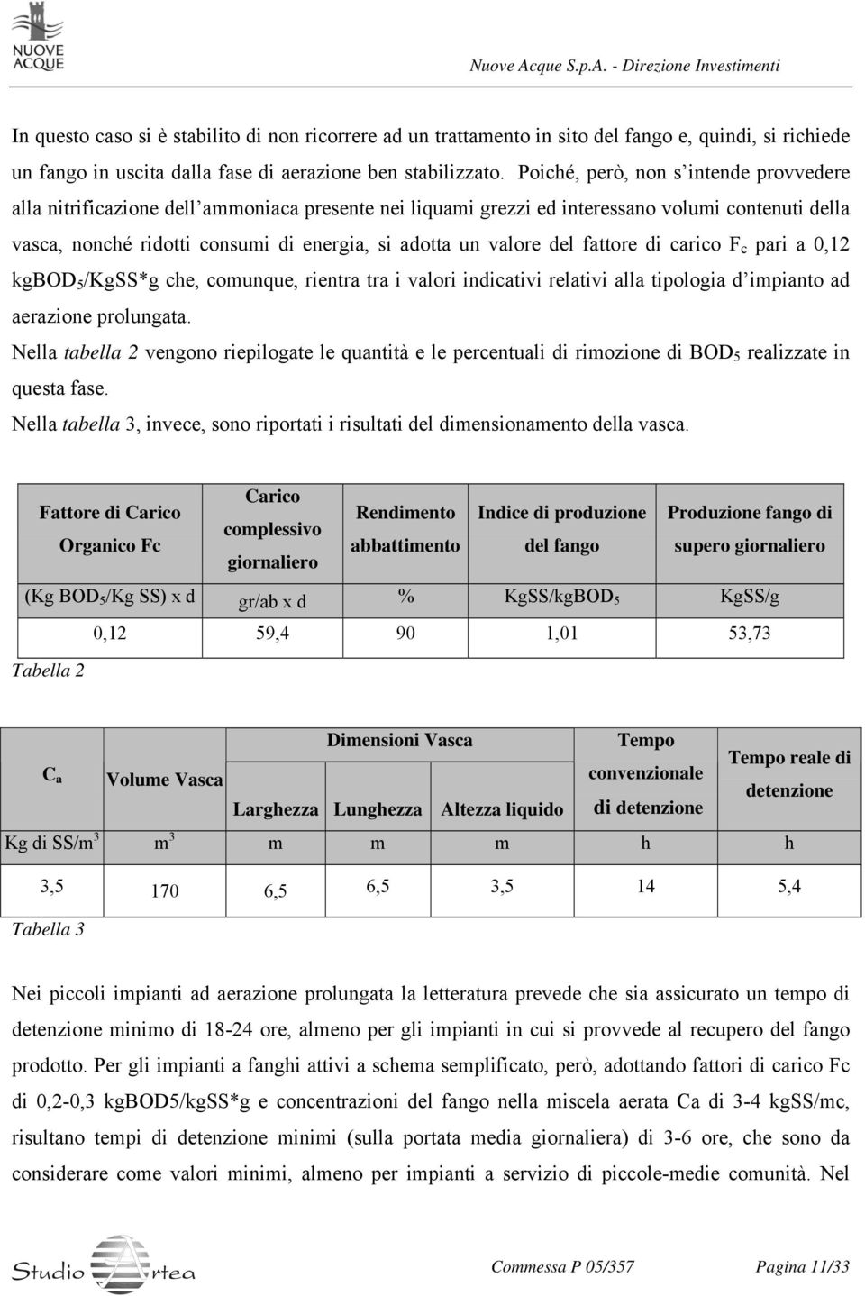 valore del fattore di carico F c pari a 0,12 kgbod 5 /KgSS*g che, comunque, rientra tra i valori indicativi relativi alla tipologia d impianto ad aerazione prolungata.