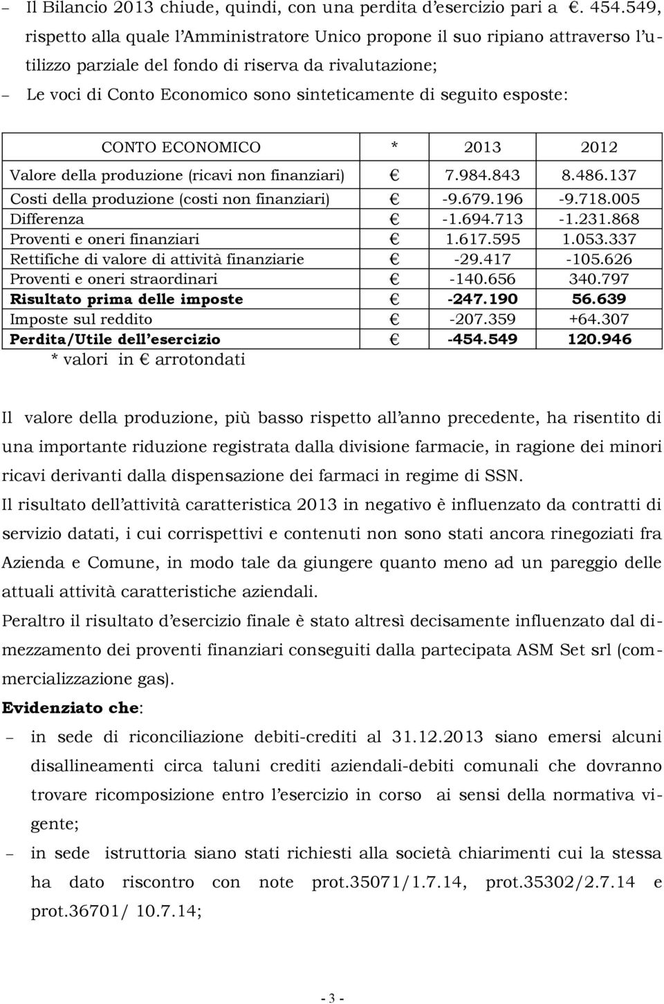 esposte: CONTO ECONOMICO * 2013 2012 Valore della produzione (ricavi non finanziari) 7.984.843 8.486.137 Costi della produzione (costi non finanziari) -9.679.196-9.718.005 Differenza -1.694.713-1.231.