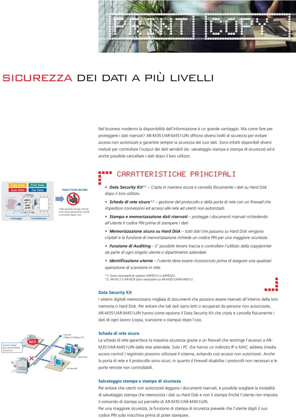 Sono infatti disponibili diversi metodi per controllare l output dei dati sensibili (es. salvataggio stampa e stampa di sicurezza) ed è anche possibile cancellare i dati dopo il loro utilizzo.