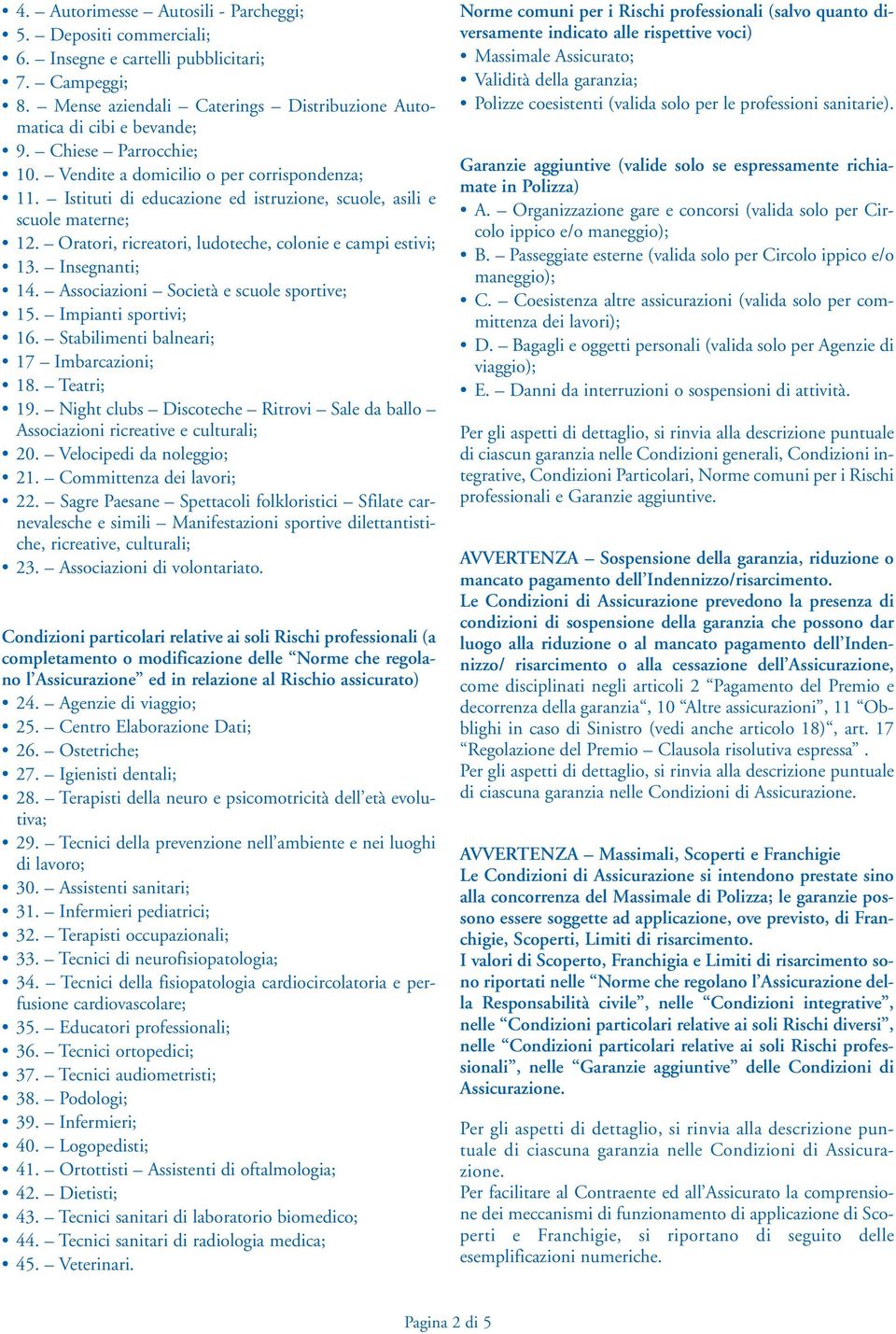 Oratori, ricreatori, ludoteche, colonie e campi estivi; 13. Insegnanti; 14. Associazioni Società e scuole sportive; 15. Impianti sportivi; 16. Stabilimenti balneari; 17 Imbarcazioni; 18. Teatri; 19.