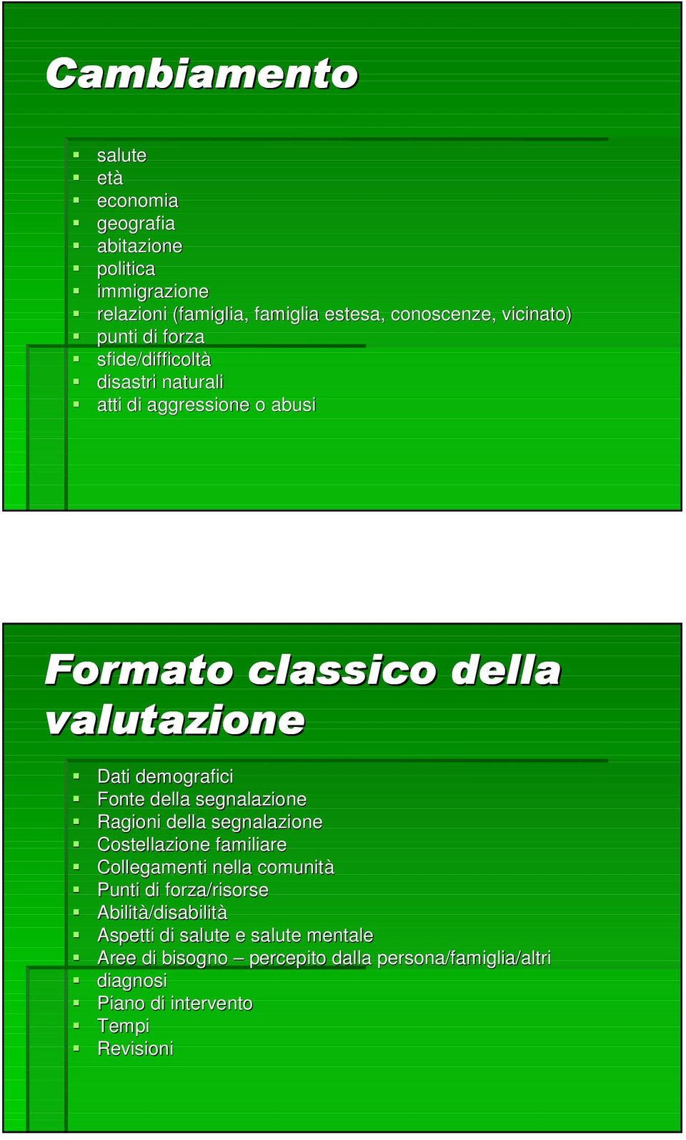 della segnalazione Ragioni della segnalazione Costellazione familiare Collegamenti nella comunità Punti di forza/risorse Abilità/disabilit