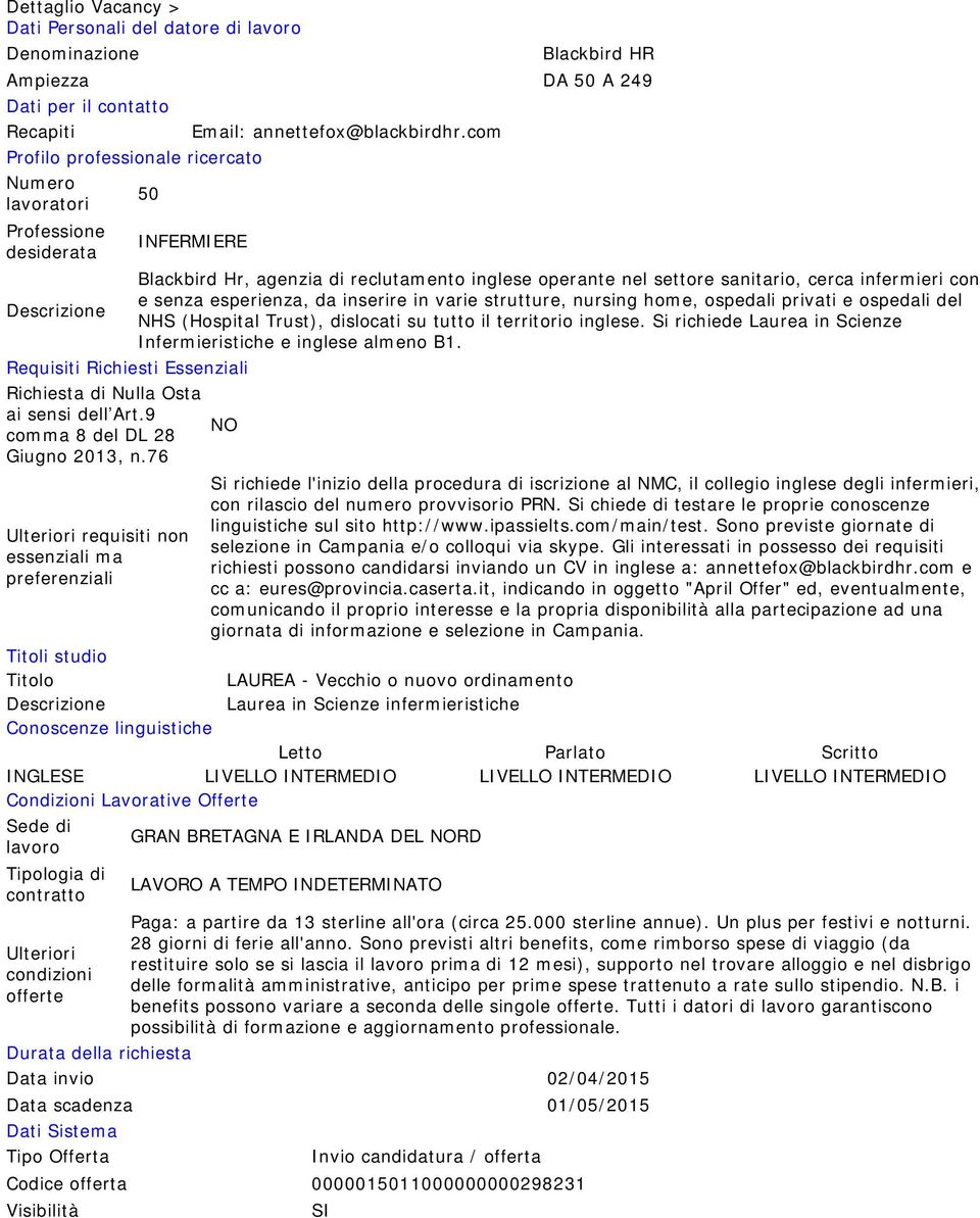 esperienza, da inserire in varie strutture, nursing home, ospedali privati e ospedali del Descrizione NHS (Hospital Trust), dislocati su tutto il territorio inglese.