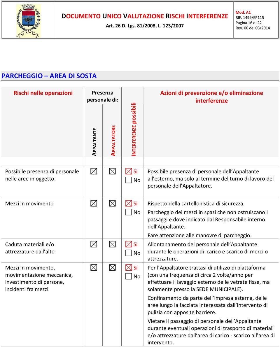 Mezzi in movimento Rispetto della cartellonistica di sicurezza. Parcheggio dei mezzi in spazi che non ostruiscano i passaggi e dove indicato dal Responsabile interno dell Appaltante.