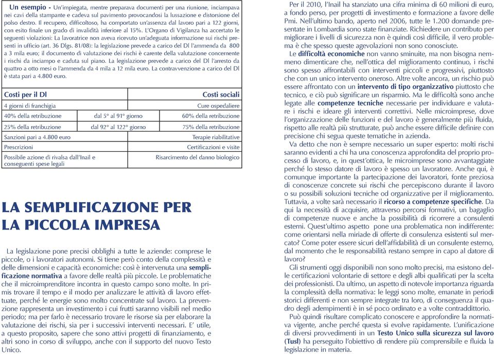 L Organo di Vigilanza ha accertato le seguenti violazioni: La lavoratrice non aveva ricevuto un adeguata informazione sui rischi presenti in ufficio (art. 36 Dlgs.