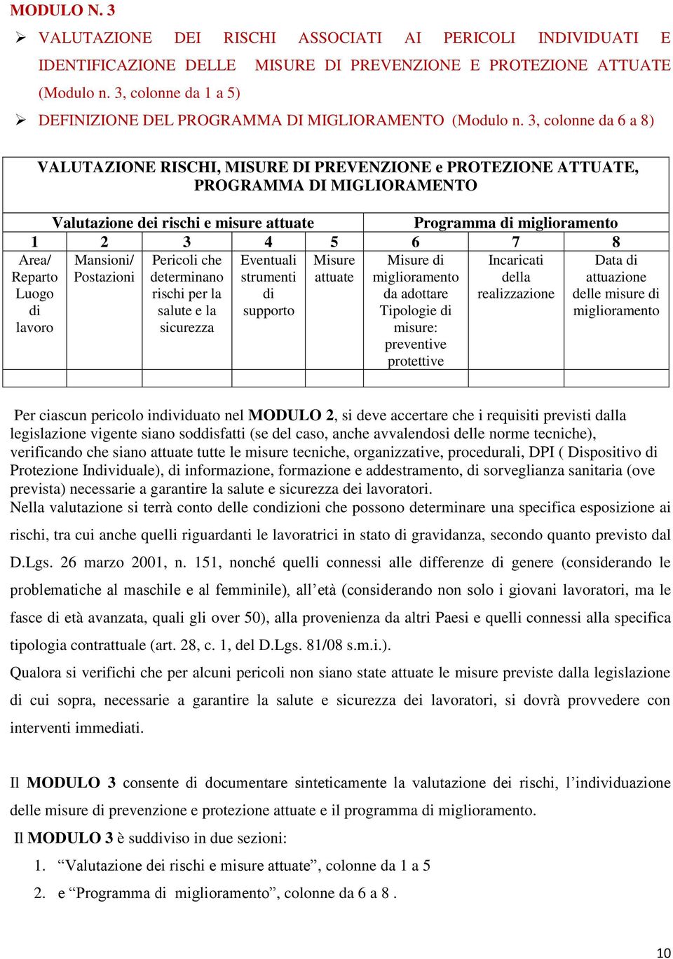 3, colonne da 6 a 8) Area/ Reparto Luogo di lavoro VALUTAZIONE RISCHI, MISURE DI PREVENZIONE e PROTEZIONE ATTUATE, PROGRAMMA DI MIGLIORAMENTO Valutazione dei rischi e misure attuate Programma di