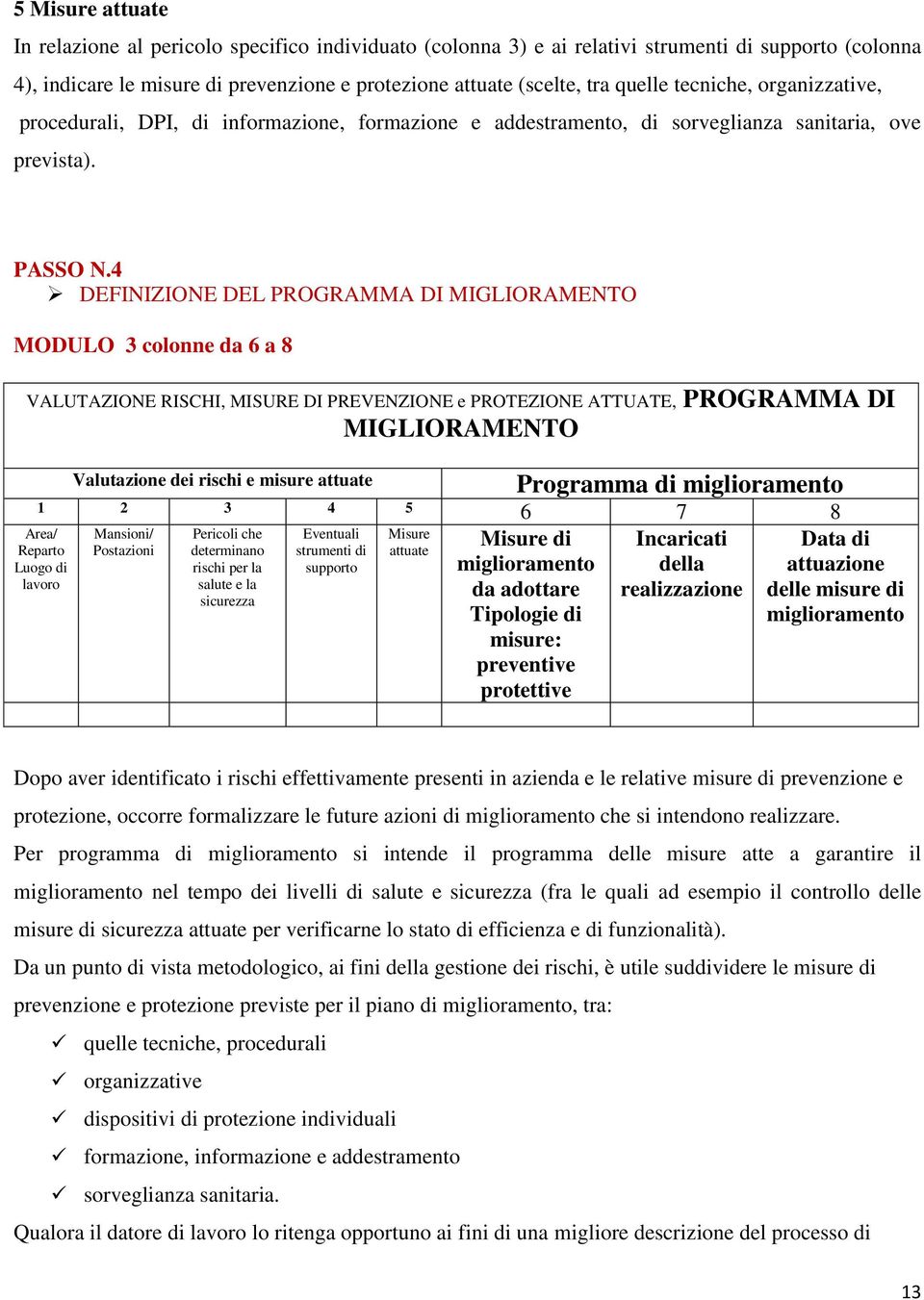 4 DEFINIZIONE DEL PROGRAMMA DI MIGLIORAMENTO MODULO 3 colonne da 6 a 8 VALUTAZIONE RISCHI, MISURE DI PREVENZIONE e PROTEZIONE ATTUATE, PROGRAMMA DI MIGLIORAMENTO Area/ Reparto Luogo di lavoro