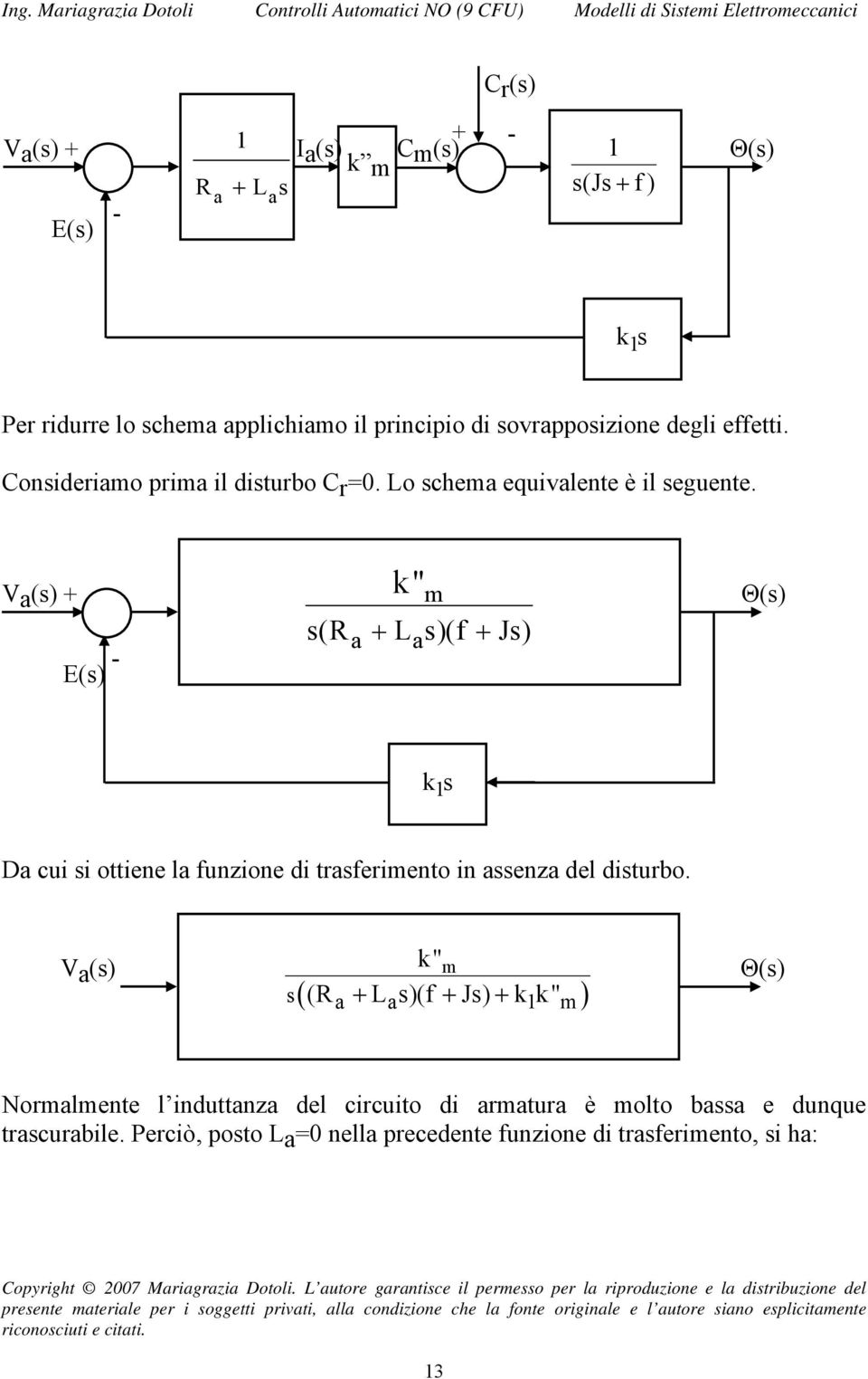 disturbo V(s) " ((R L s)( Js) " ) s Norlnt l induttnz dl circuito di rtur è olto bss dunqu trscurbil Prciò, posto L=0 nll prcdnt unzion di trsrinto, si h: