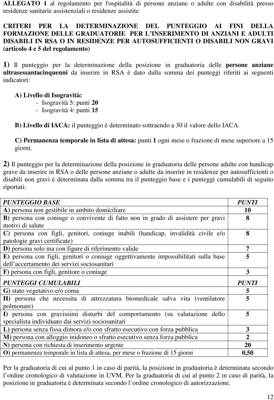 per la determinazione della posizione in graduatoria delle persone anziane ultrasessantacinquenni da inserire in RSA è dato dalla somma dei punteggi riferiti ai seguenti indicatori: A) Livello di