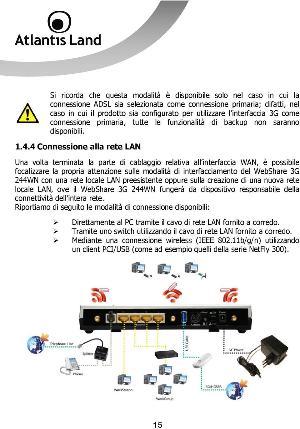 4 Connessione alla rete LAN Una volta terminata la parte di cablaggio relativa all interfaccia WAN, è possibile focalizzare la propria attenzione sulle modalità di interfacciamento del WebShare 3G