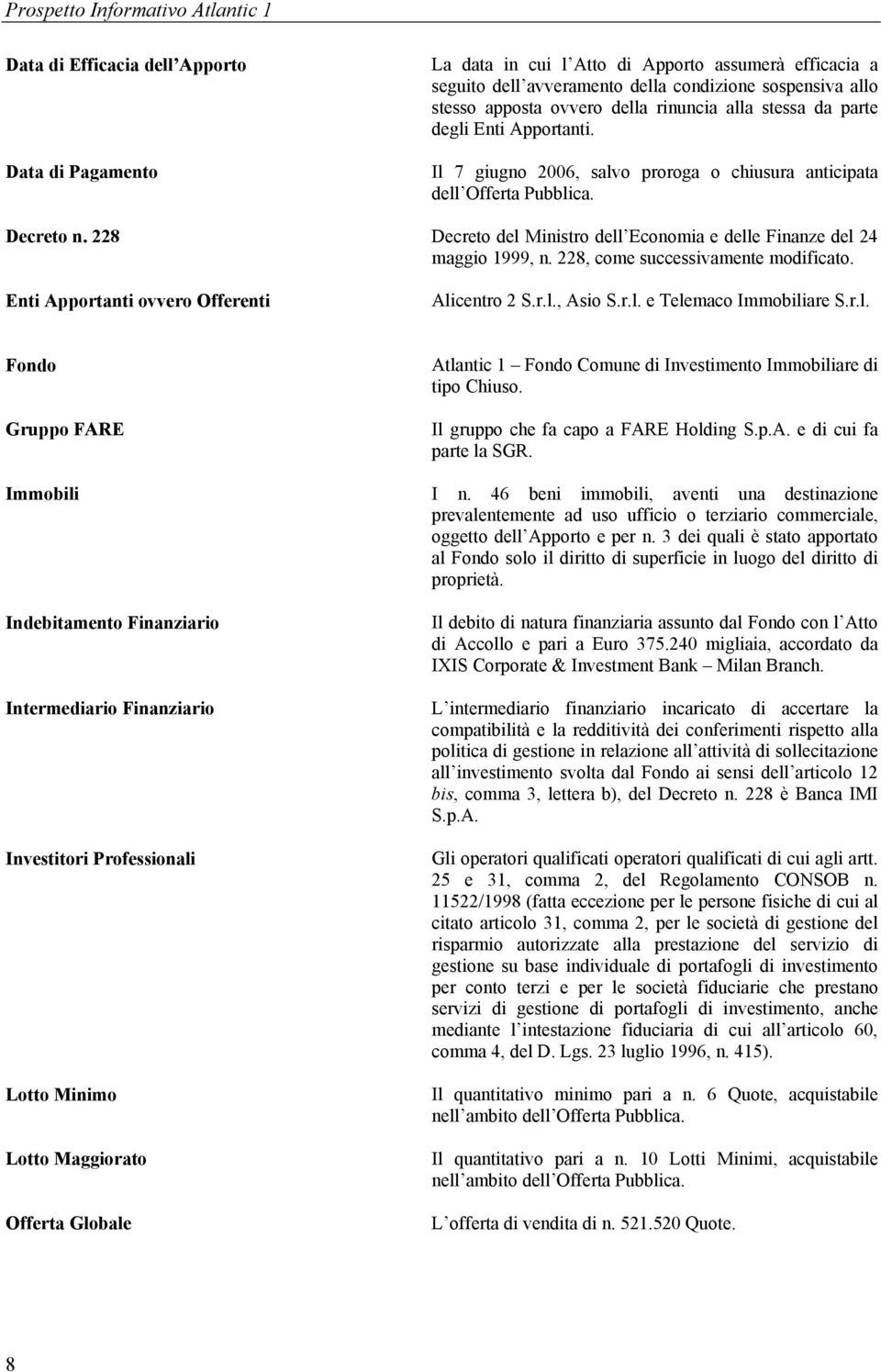 228 Decreto del Ministro dell Economia e delle Finanze del 24 maggio 1999, n. 228, come successivamente modificato. Enti Apportanti ovvero Offerenti Alicentro 2 S.r.l., Asio S.r.l. e Telemaco Immobiliare S.