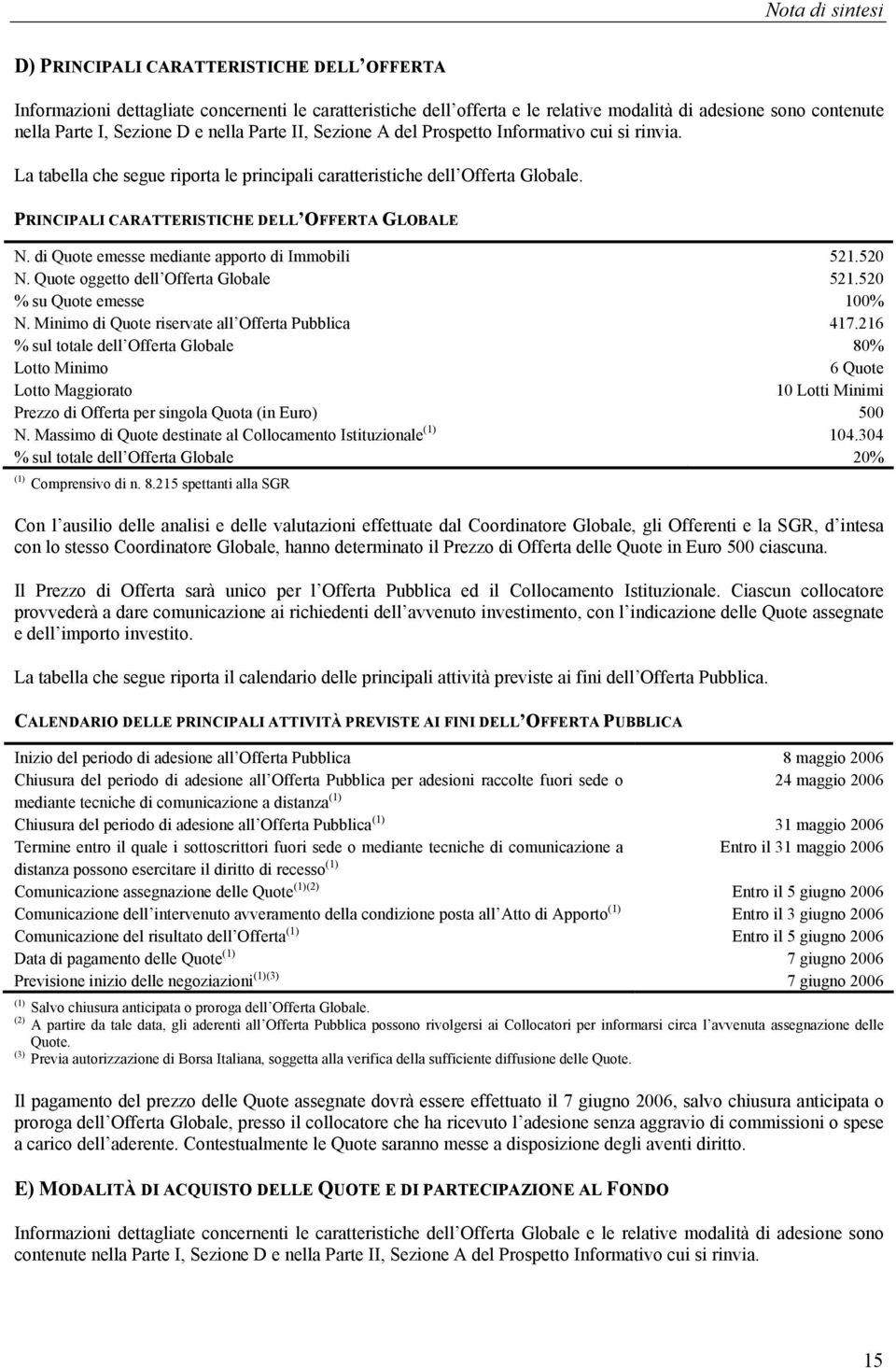 PRINCIPALI CARATTERISTICHE DELL OFFERTA GLOBALE N. di Quote emesse mediante apporto di Immobili 521.520 N. Quote oggetto dell Offerta Globale 521.520 % su Quote emesse 100% N.