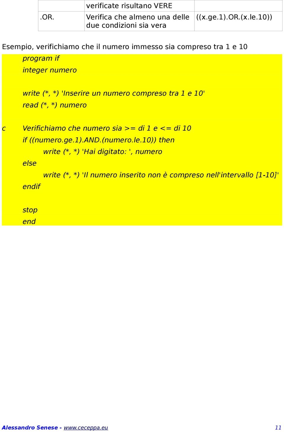 10)) Esempio, verifihiamo he il numero immesso sia ompreso tra 1 e 10 program if integer numero write (*, *) 'Inserire un