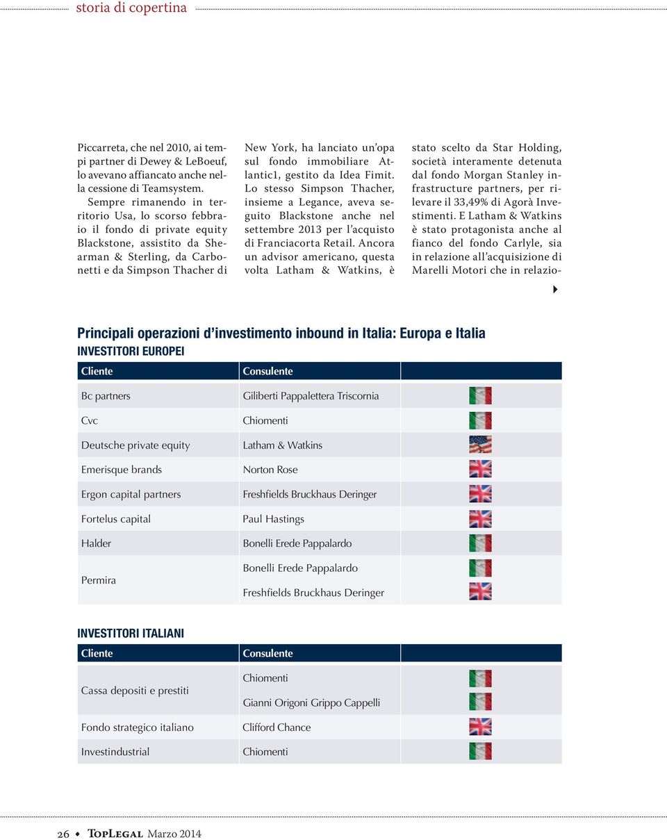 fondo immobiliare Atlantic1, gestito da Idea Fimit. Lo stesso Simpson Thacher, insieme a Legance, aveva seguito Blackstone anche nel settembre 2013 per l acquisto di Franciacorta Retail.