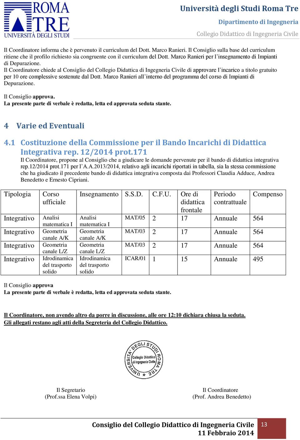 Il Coordinatore chiede al Consiglio del Collegio Didattica di Ingegneria Civile di approvare l incarico a titolo gratuito per 10 ore complessive sostenute dal Dott.